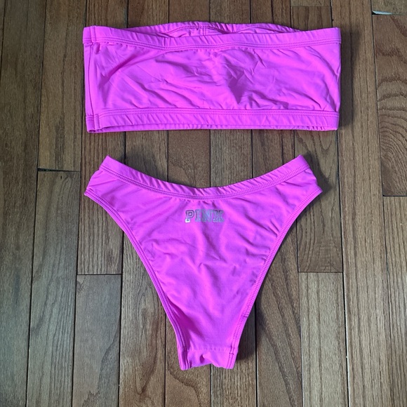 PINK Victoria's Secret Hot Pink Bandeau Bikini Set - Picture 2 of 2